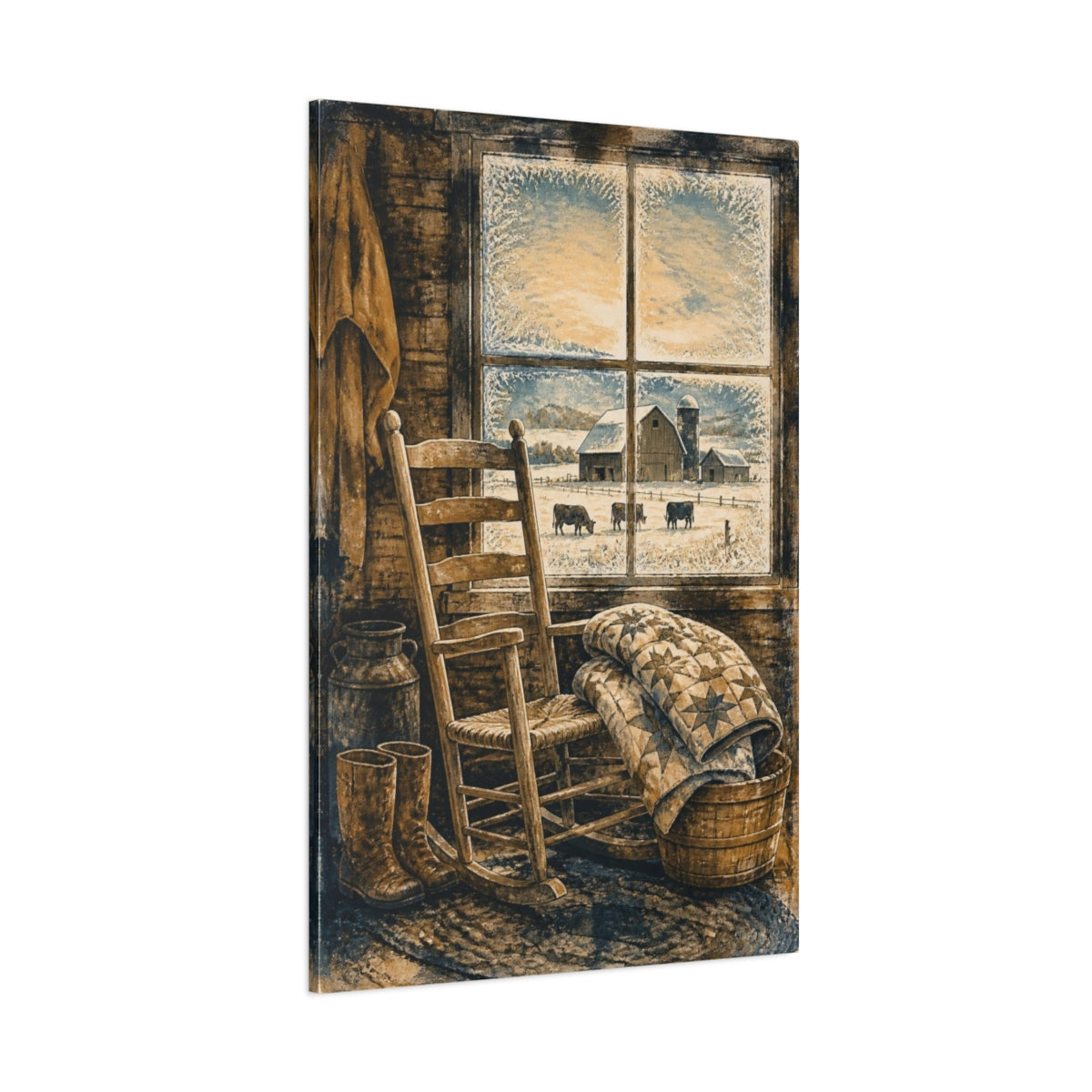 Side Mockup 1. Rustic Rocking Chair Quilt shown as canvas print