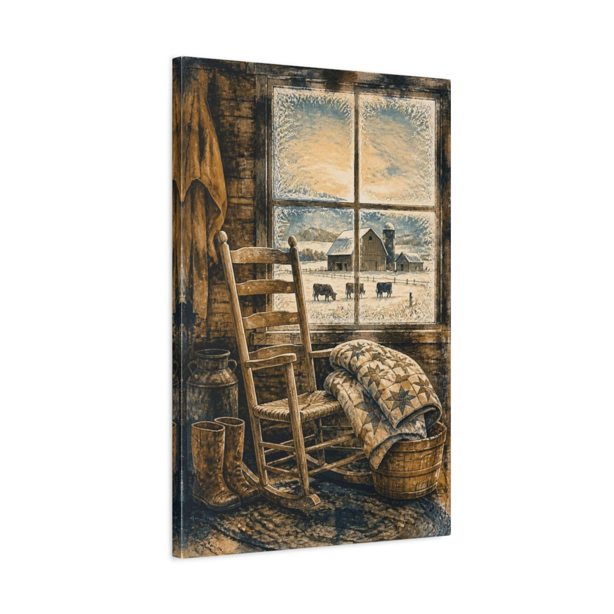 Side Mockup 2. Rustic Rocking Chair Quilt shown as canvas print
