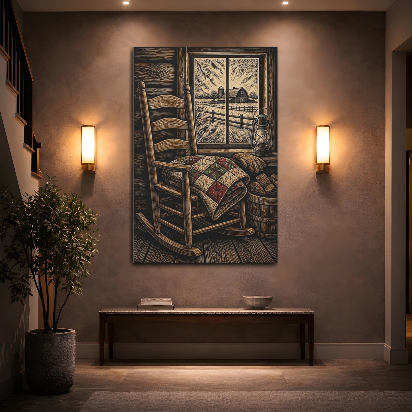 Mockup 2. Rustic Rocking Chair Quilt shown as canvas print