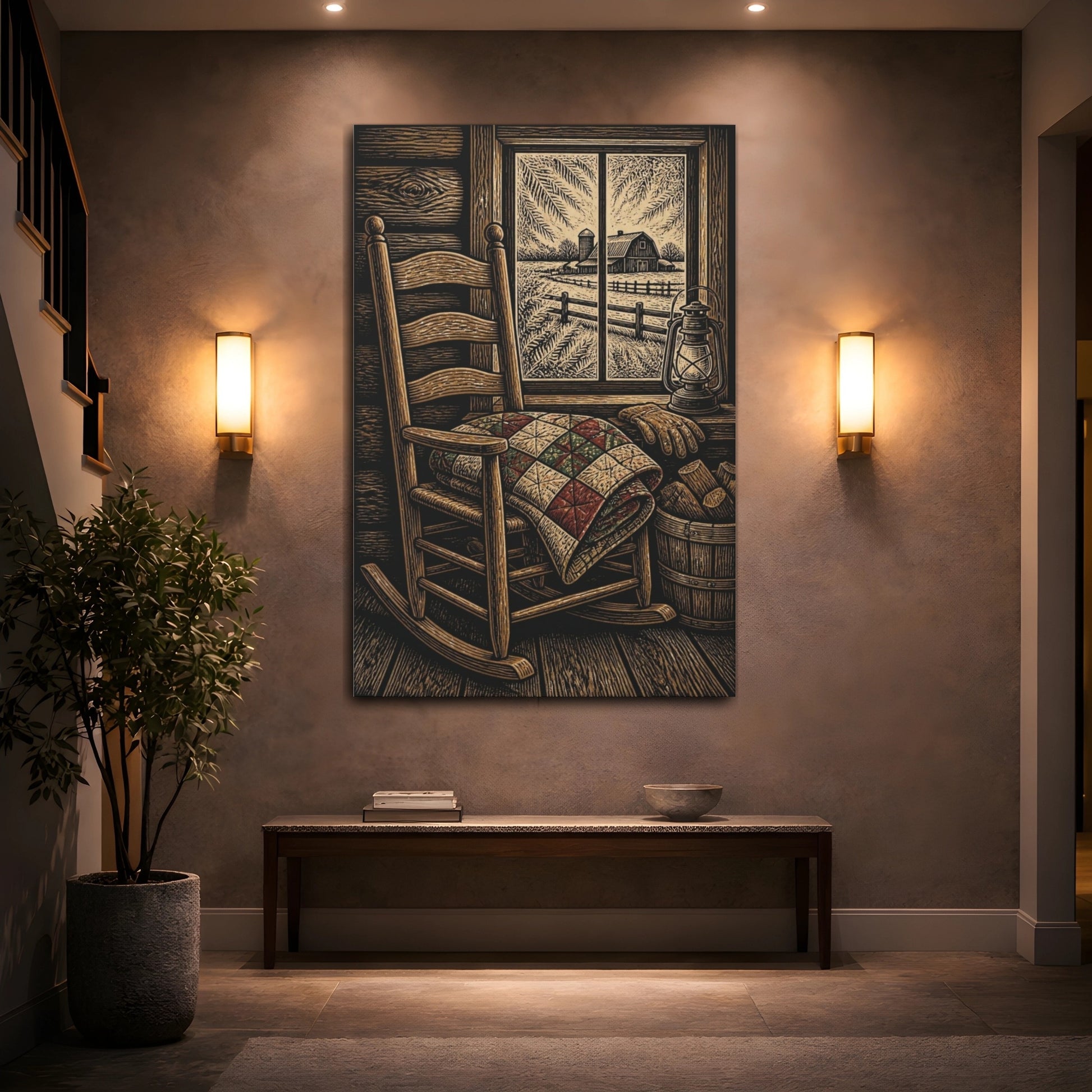 Mockup 2. Rustic Rocking Chair Quilt shown as canvas print