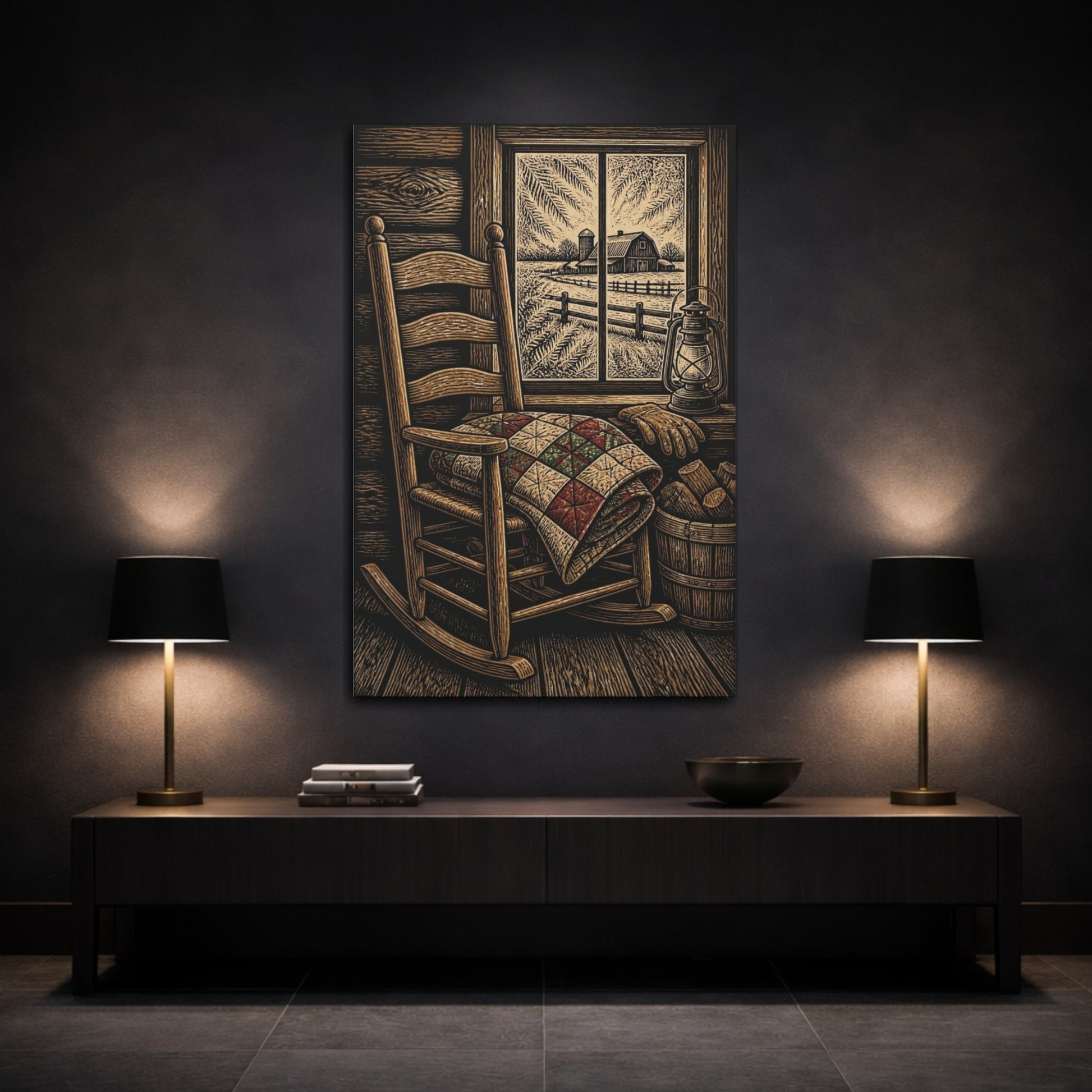 Mockup 3. Rustic Rocking Chair Quilt shown as canvas print