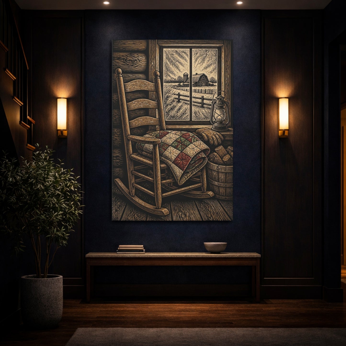 Mockup 4. Rustic Rocking Chair Quilt shown as canvas print