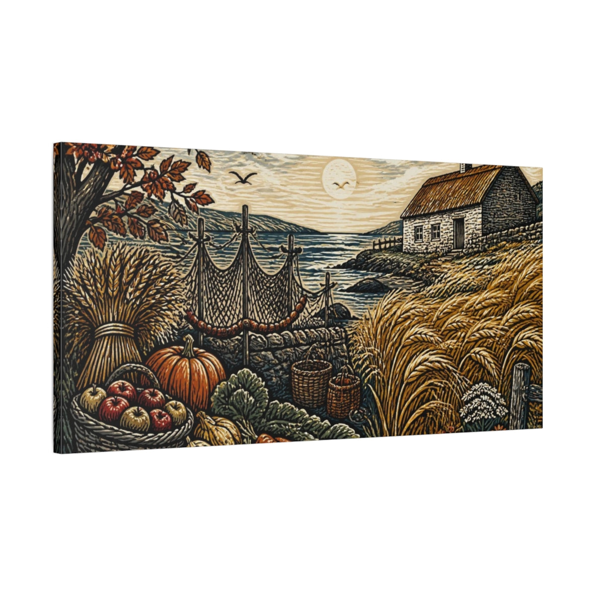 Main Mockup. Rustic Sea Cottage Harvest shown as canvas print