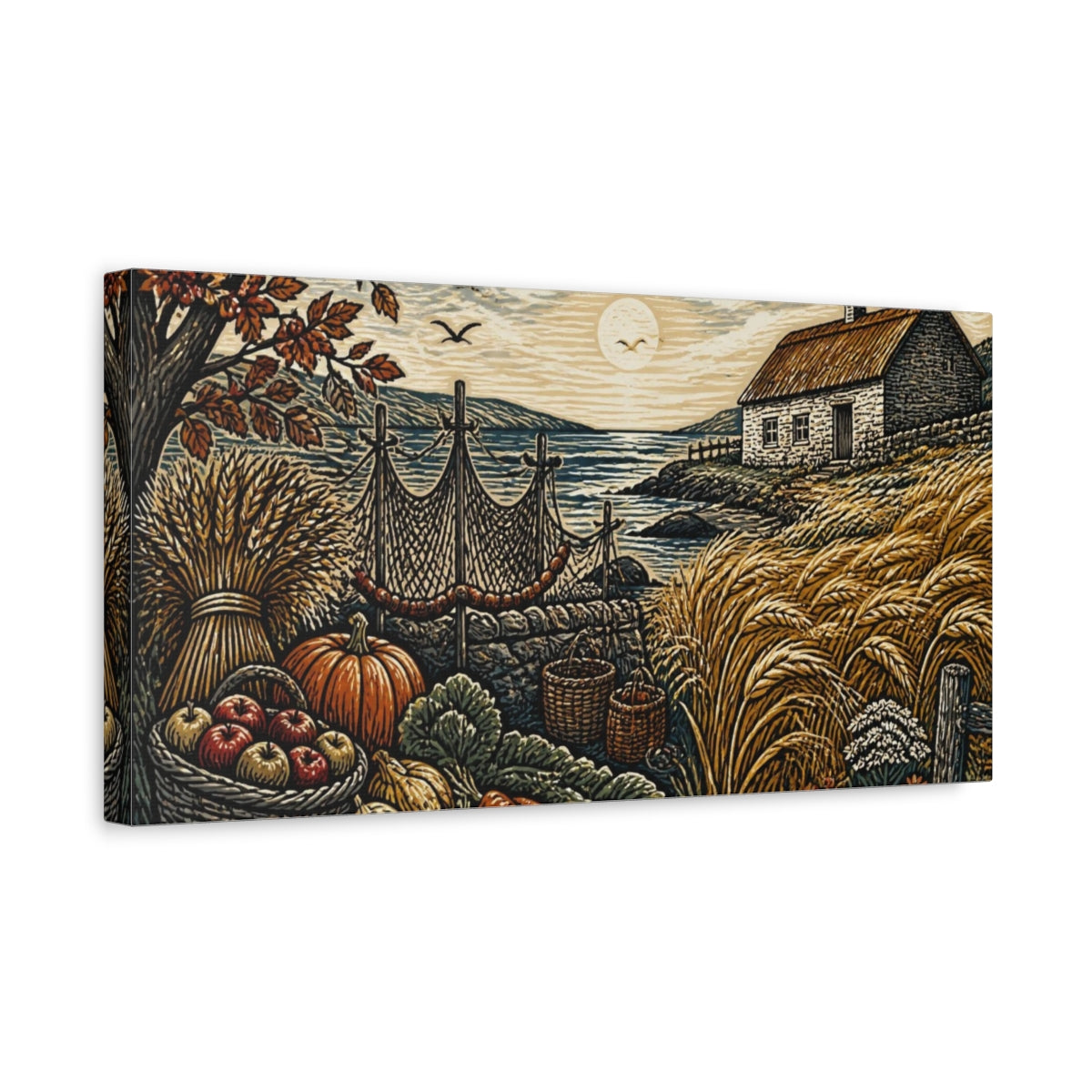 Side Mockup 3. Rustic Sea Cottage Harvest shown as canvas print