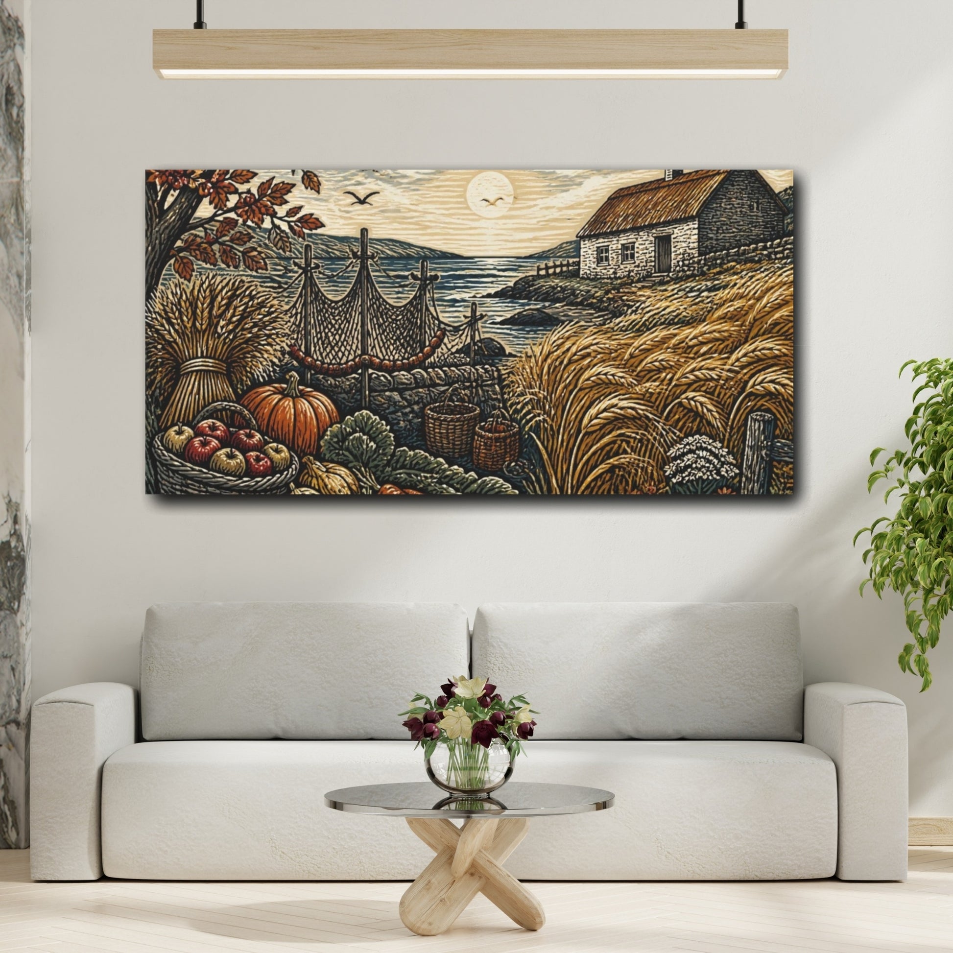 Mockup 2. Rustic Sea Cottage Harvest shown as canvas print