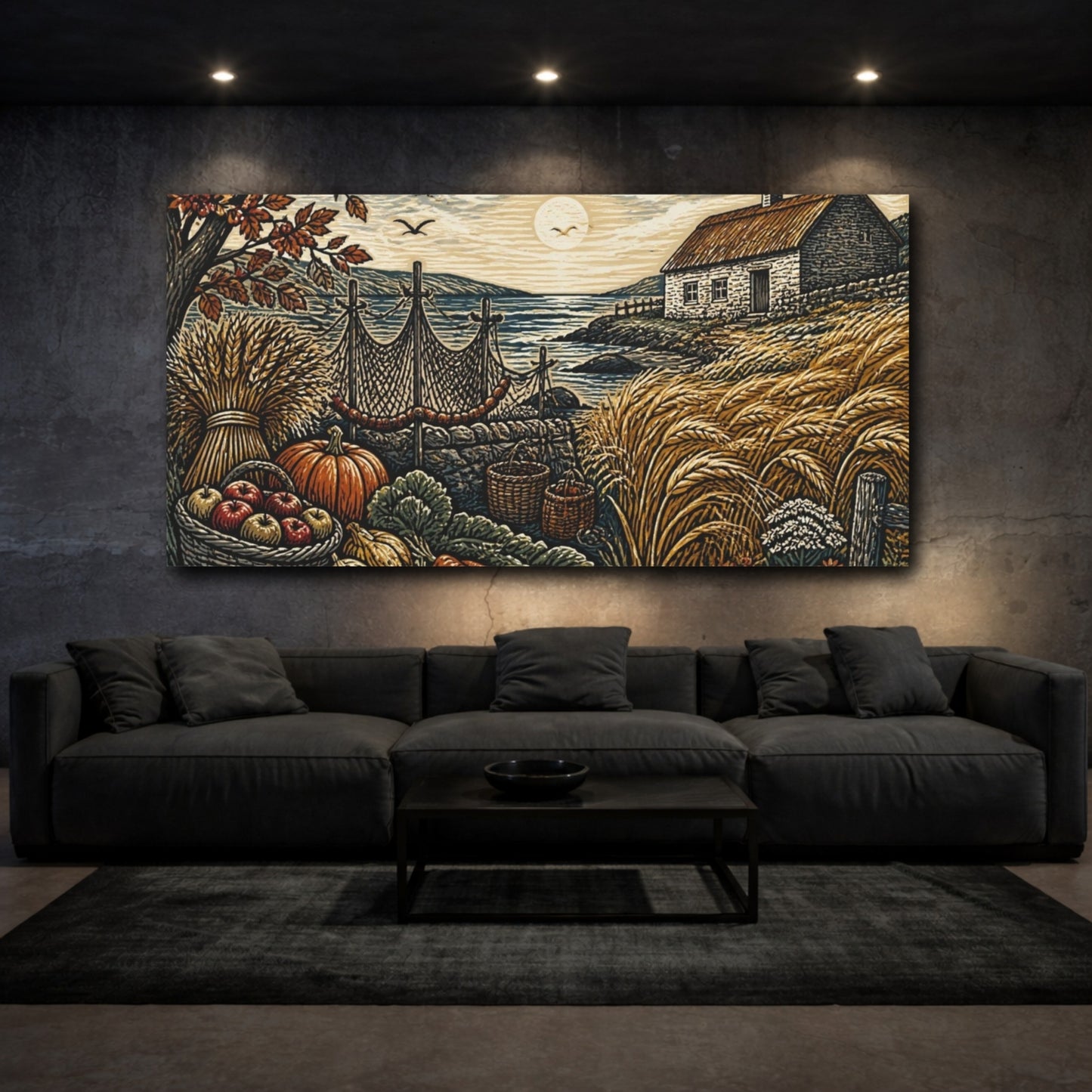 Mockup 3. Rustic Sea Cottage Harvest shown as canvas print