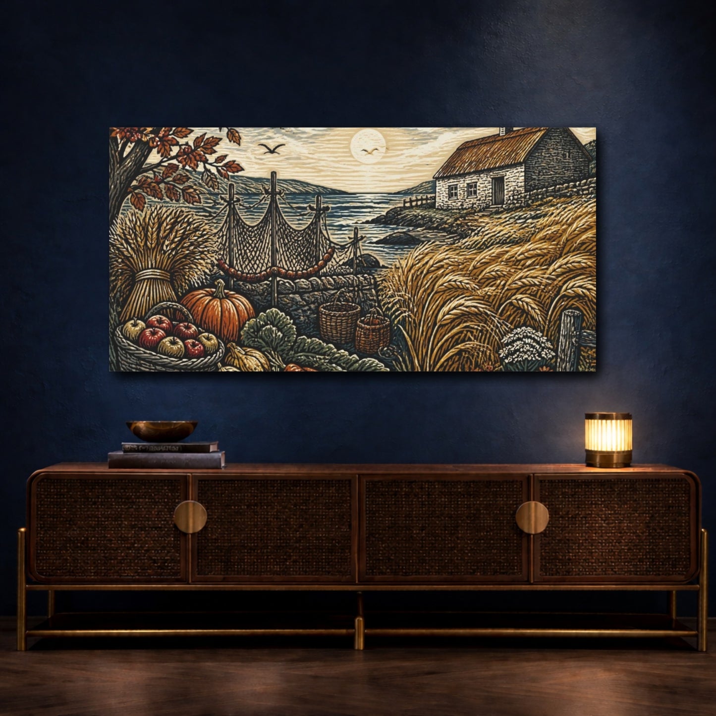Mockup 4. Rustic Sea Cottage Harvest shown as canvas print