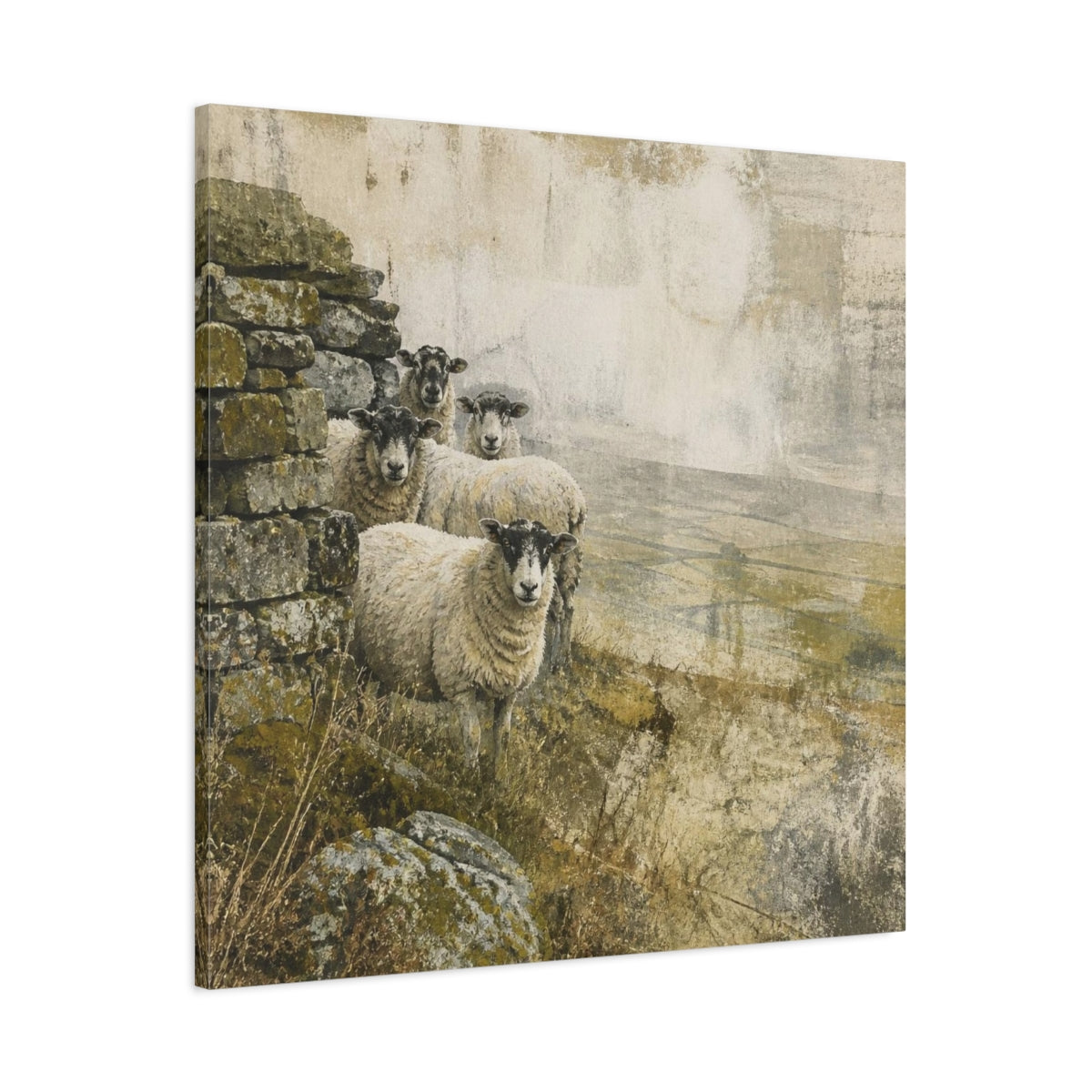 Main Mockup. Rustic Sheep By Stone Wall shown as canvas print