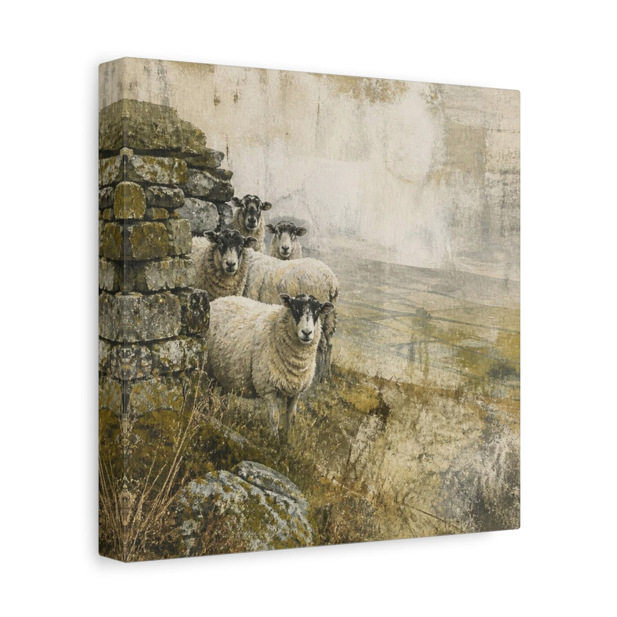 Side Mockup 9. Rustic Sheep By Stone Wall shown as canvas print