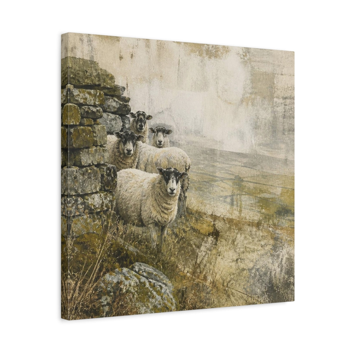 Side Mockup 5. Rustic Sheep By Stone Wall shown as canvas print