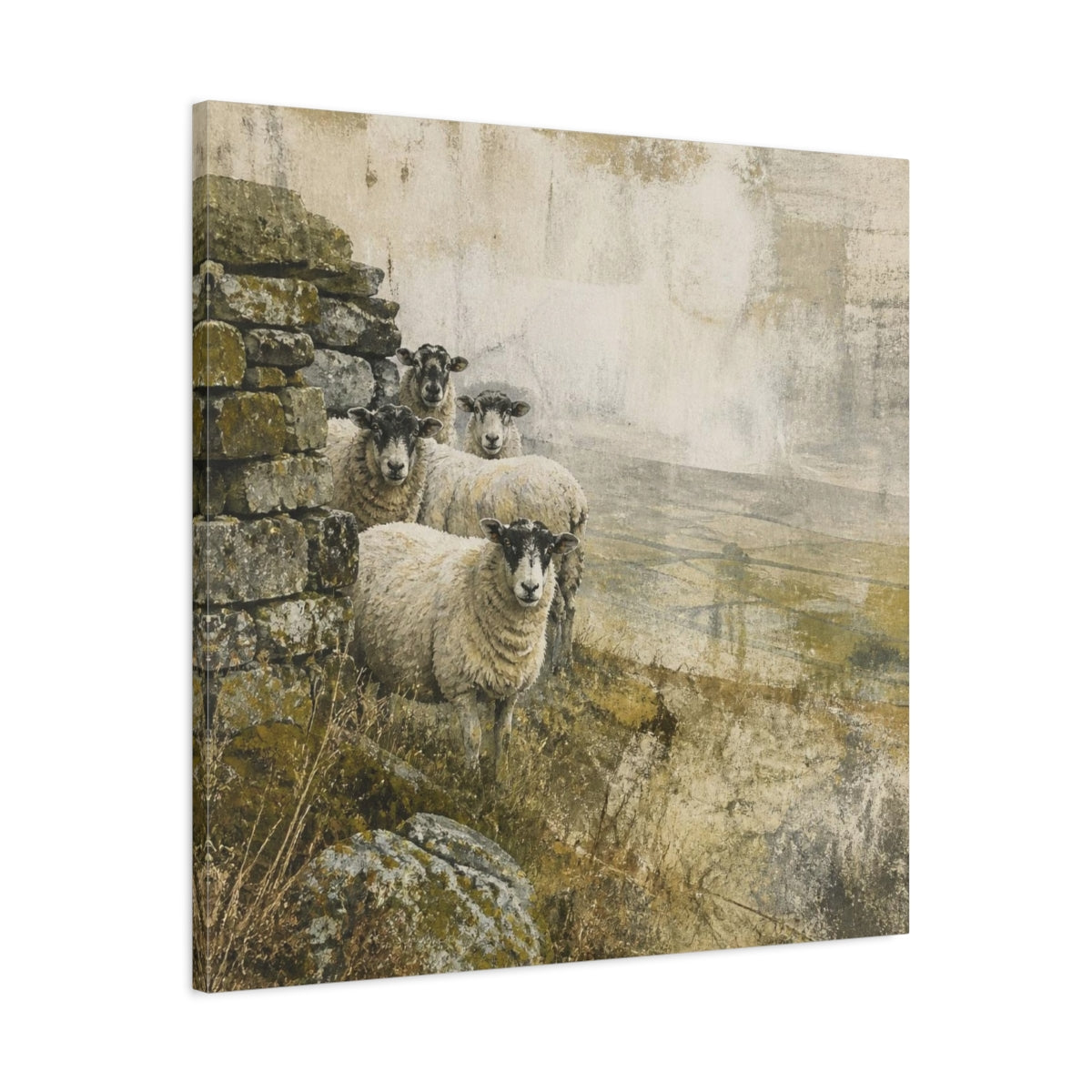 Side Mockup 3. Rustic Sheep By Stone Wall shown as canvas print