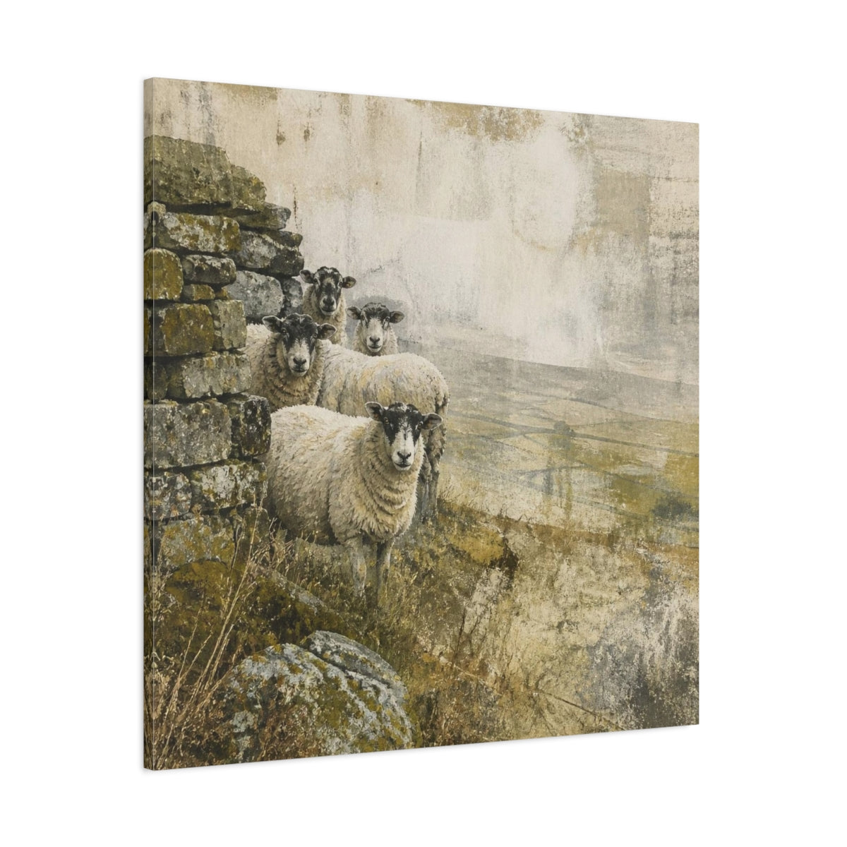 Side Mockup 1. Rustic Sheep By Stone Wall shown as canvas print