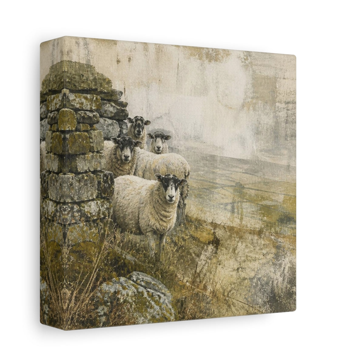 Side Mockup 2. Rustic Sheep By Stone Wall shown as canvas print