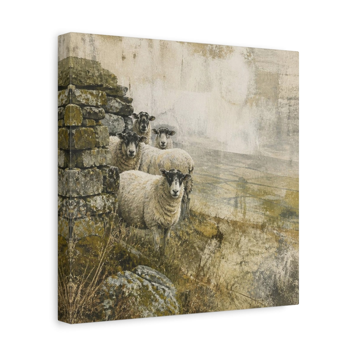 Side Mockup 8. Rustic Sheep By Stone Wall shown as canvas print