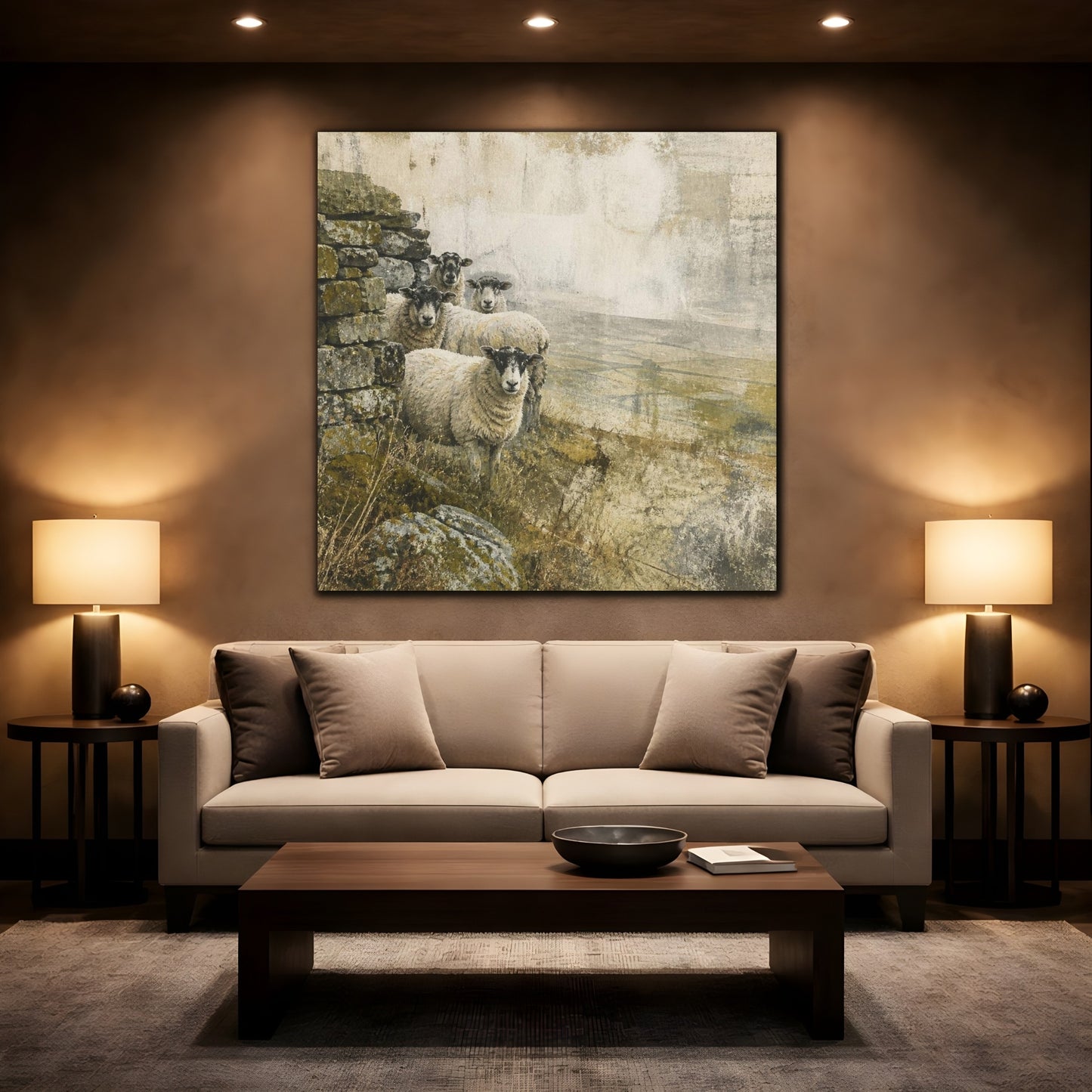 Mockup 2. Rustic Sheep By Stone Wall shown as canvas print