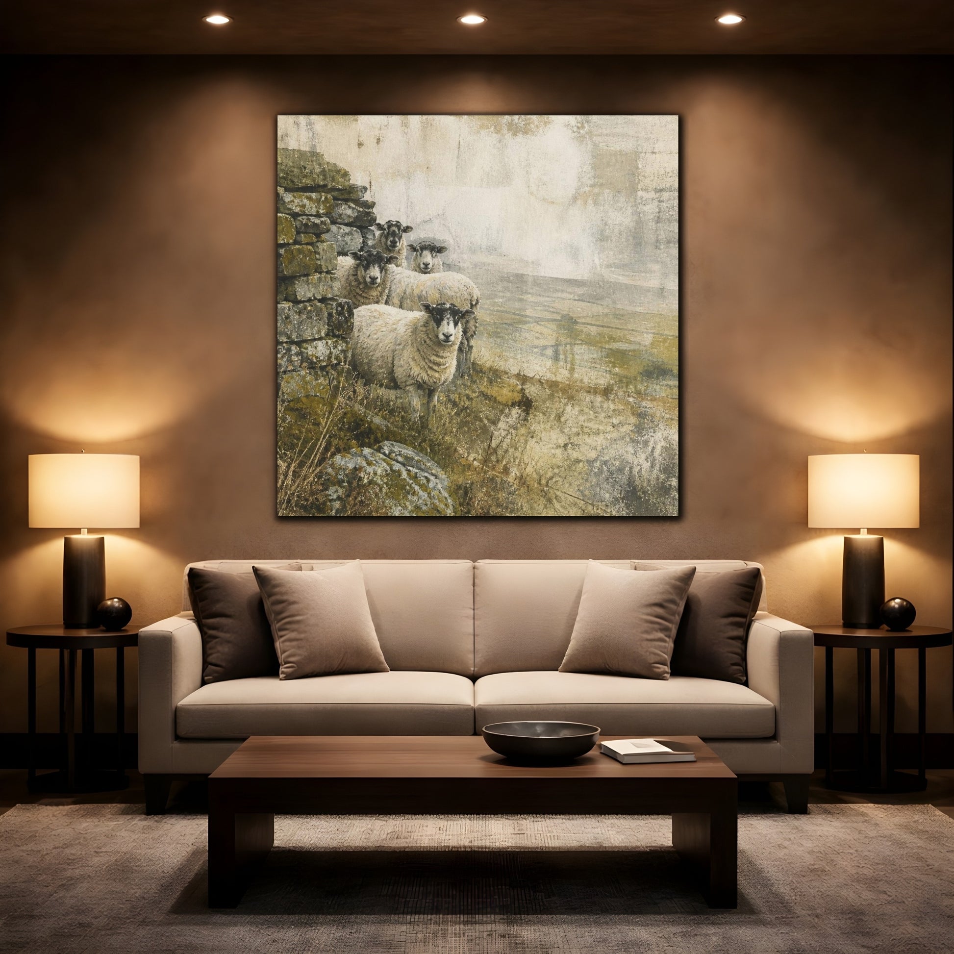 Mockup 2. Rustic Sheep By Stone Wall shown as canvas print