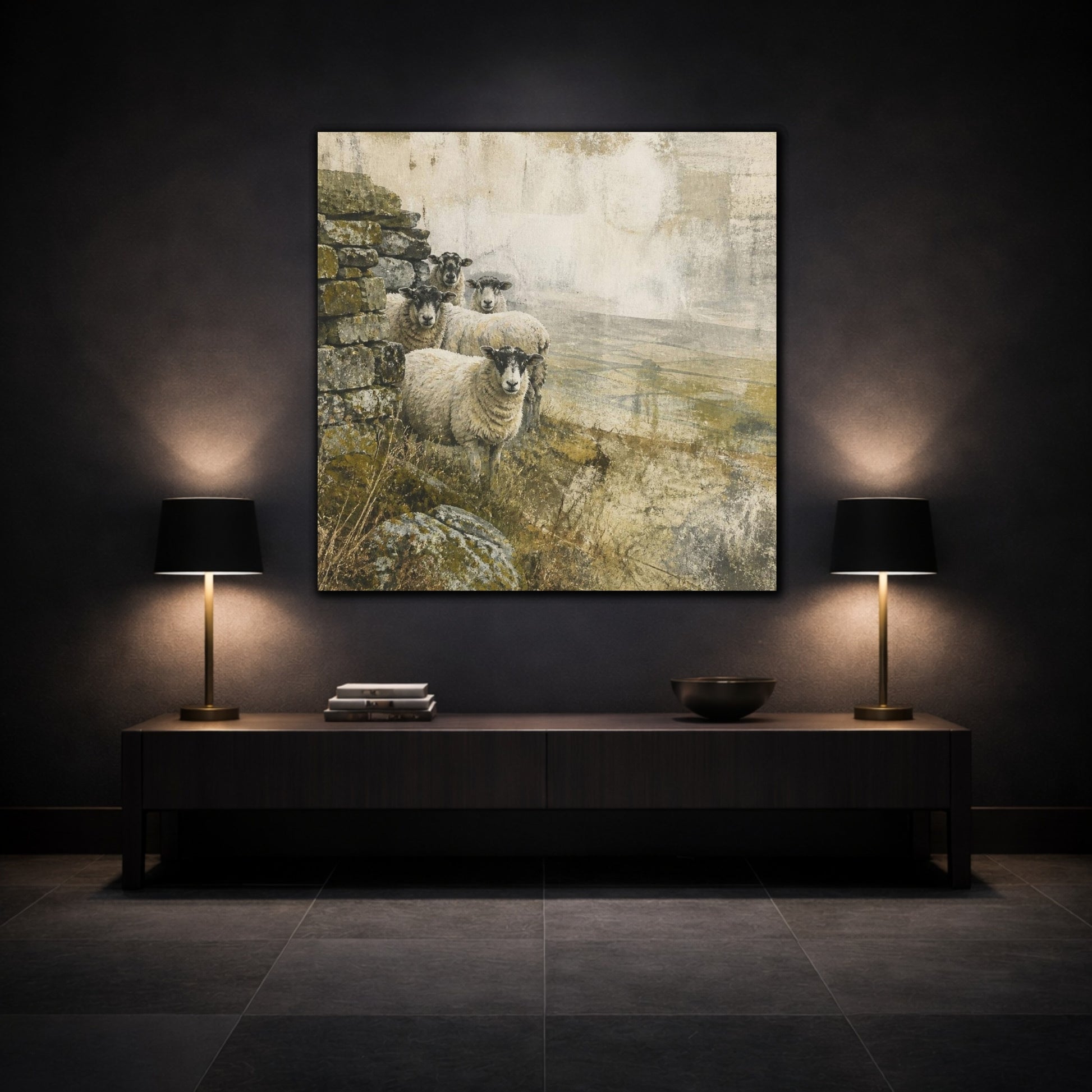 Mockup 3. Rustic Sheep By Stone Wall shown as canvas print