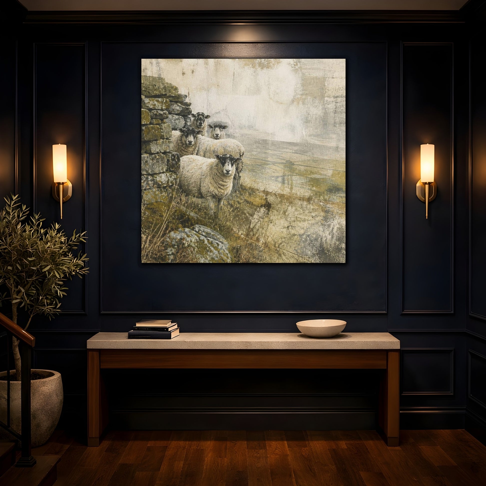 Mockup 4. Rustic Sheep By Stone Wall shown as canvas print