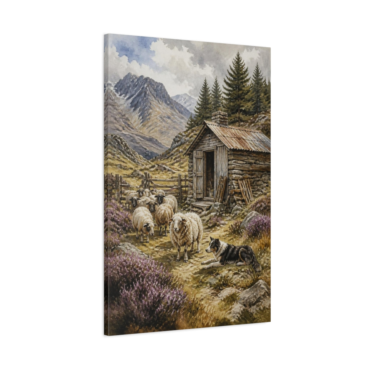 Main Mockup. Rustic Shepherd Hut And Sheep shown as canvas print