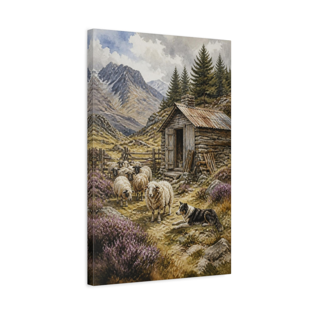 Side Mockup 3. Rustic Shepherd Hut And Sheep shown as canvas print