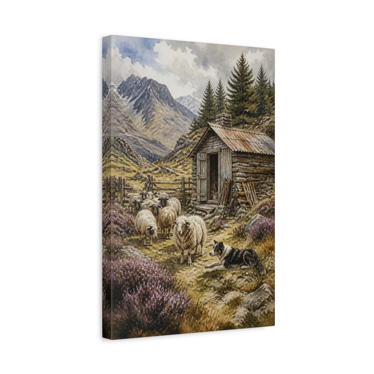 Side Mockup 4. Rustic Shepherd Hut And Sheep shown as canvas print