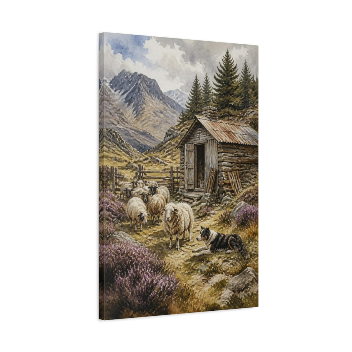 Side Mockup 2. Rustic Shepherd Hut And Sheep shown as canvas print