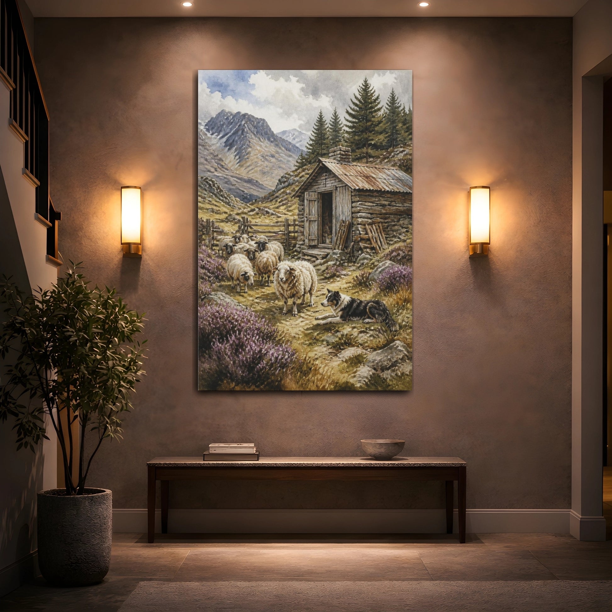 Mockup 2. Rustic Shepherd Hut And Sheep shown as canvas print