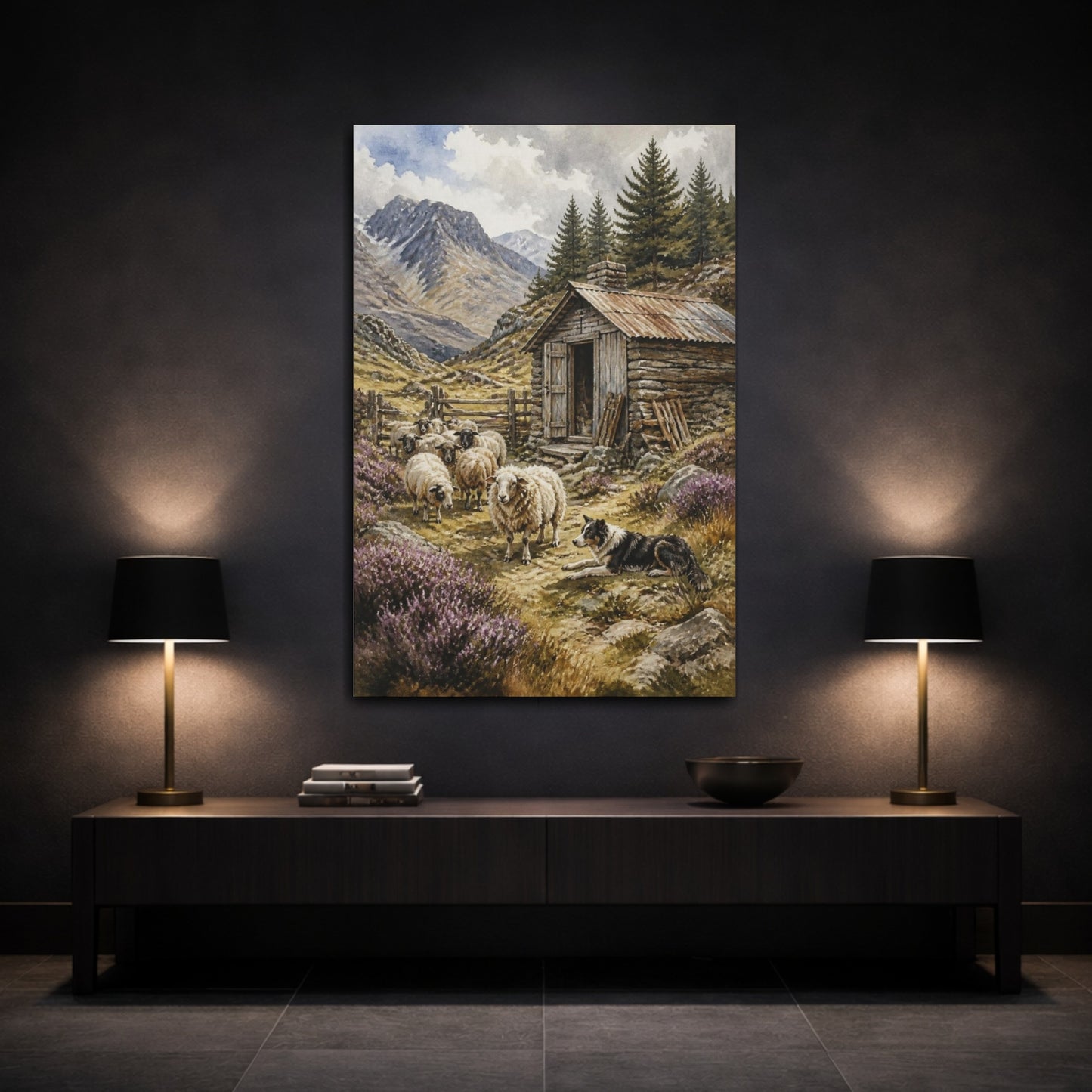 Mockup 3. Rustic Shepherd Hut And Sheep shown as canvas print