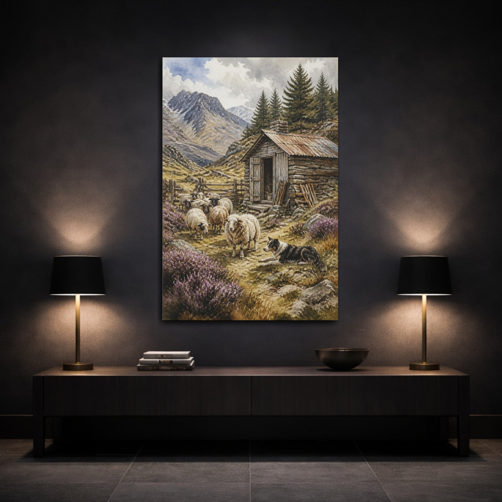 Mockup 3. Rustic Shepherd Hut And Sheep shown as canvas print