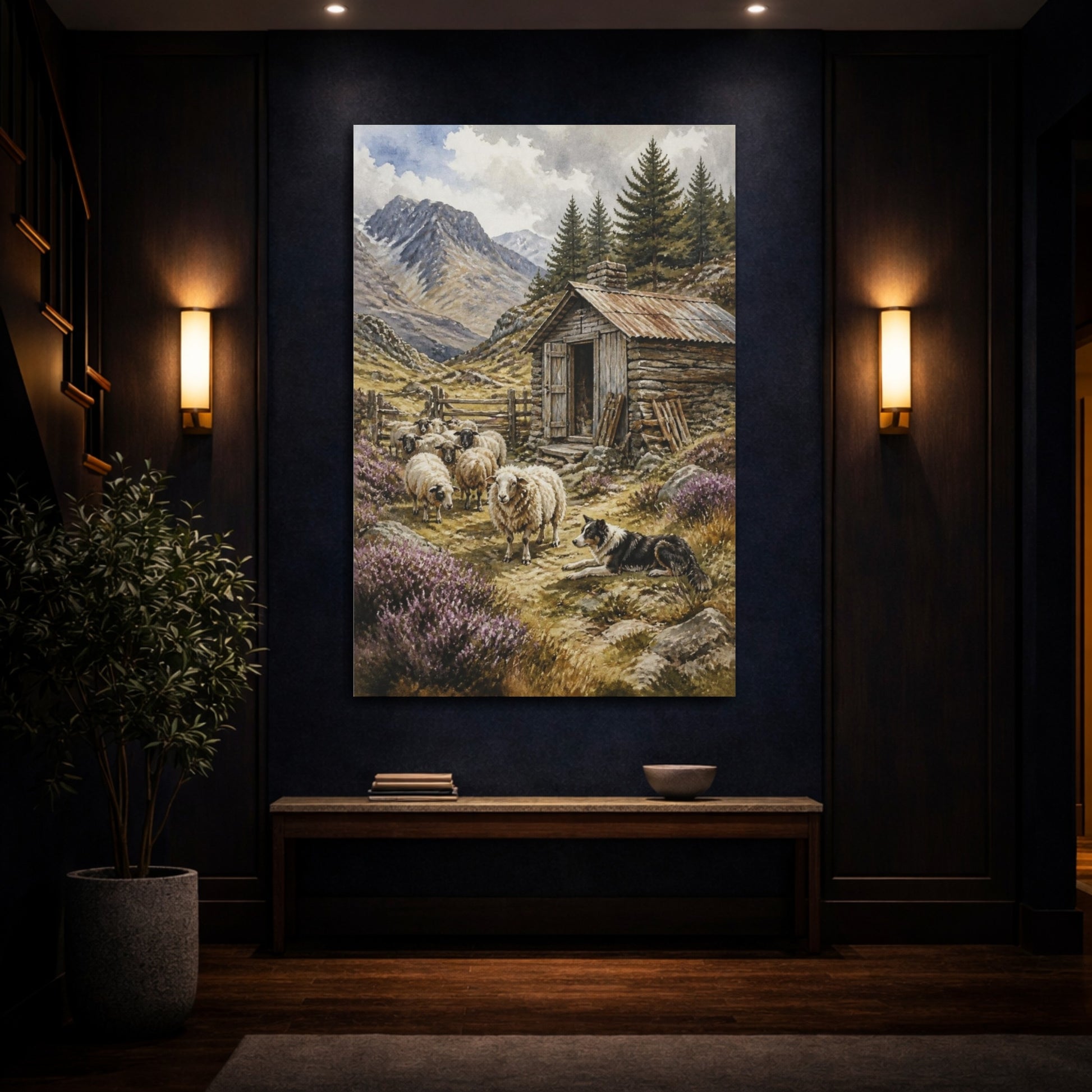 Mockup 4. Rustic Shepherd Hut And Sheep shown as canvas print