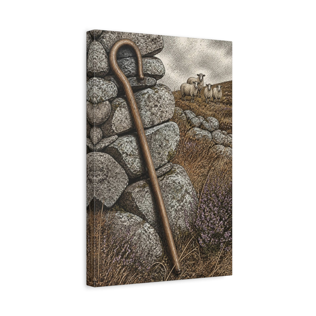 Side Mockup 4. Rustic Shepherd's Crook And Sheep shown as canvas print