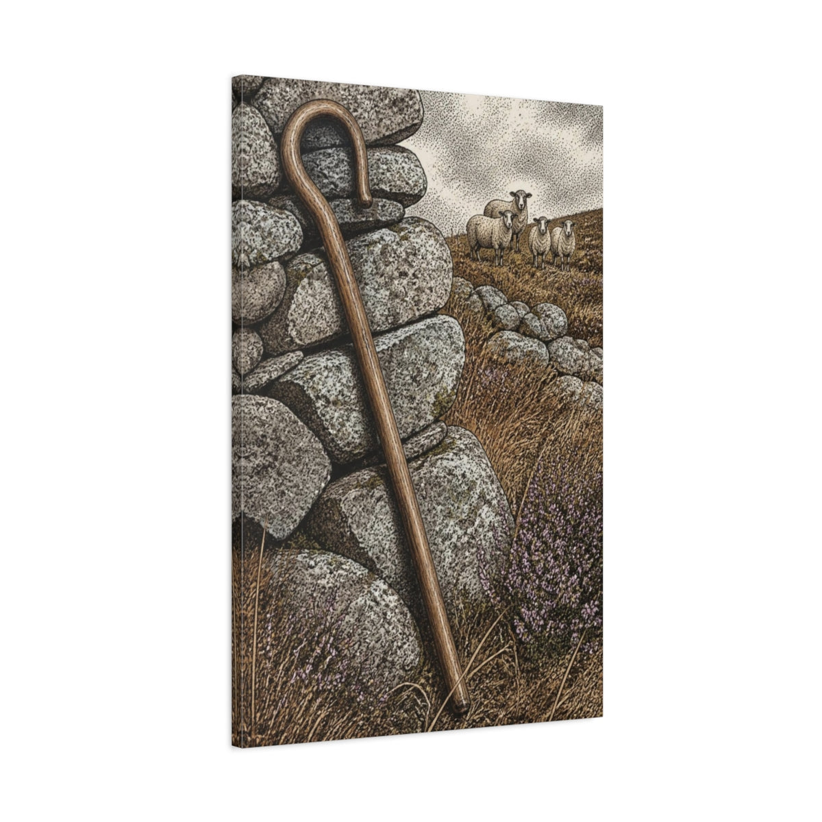 Main Mockup. Rustic Shepherd's Crook And Sheep shown as canvas print