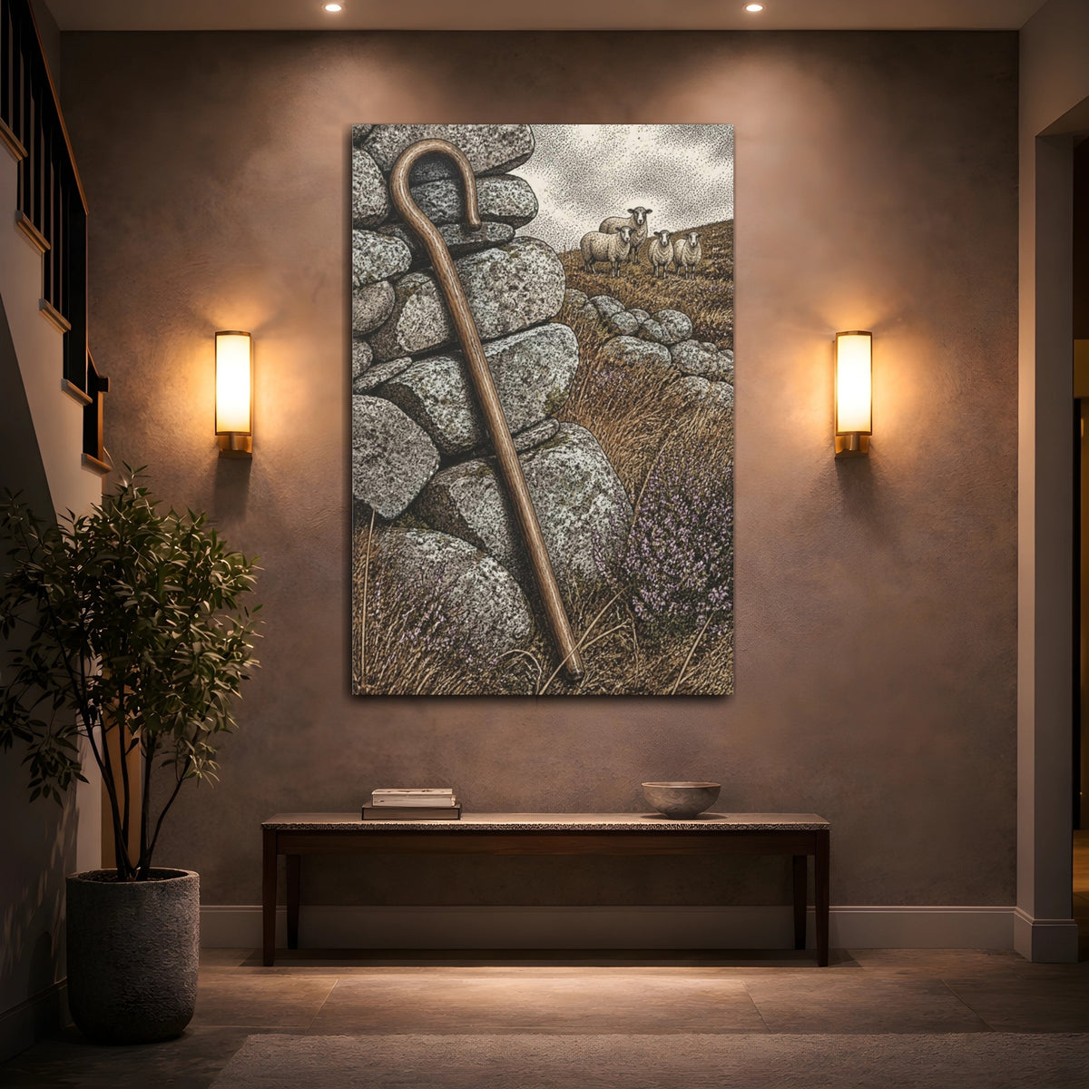 Mockup 2. Rustic Shepherd's Crook And Sheep shown as canvas print
