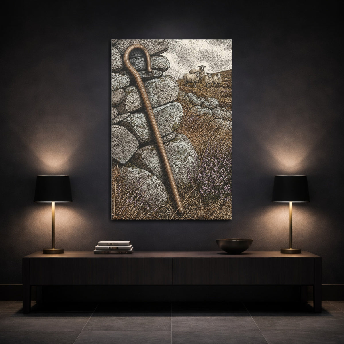 Mockup 3. Rustic Shepherd's Crook And Sheep shown as canvas print