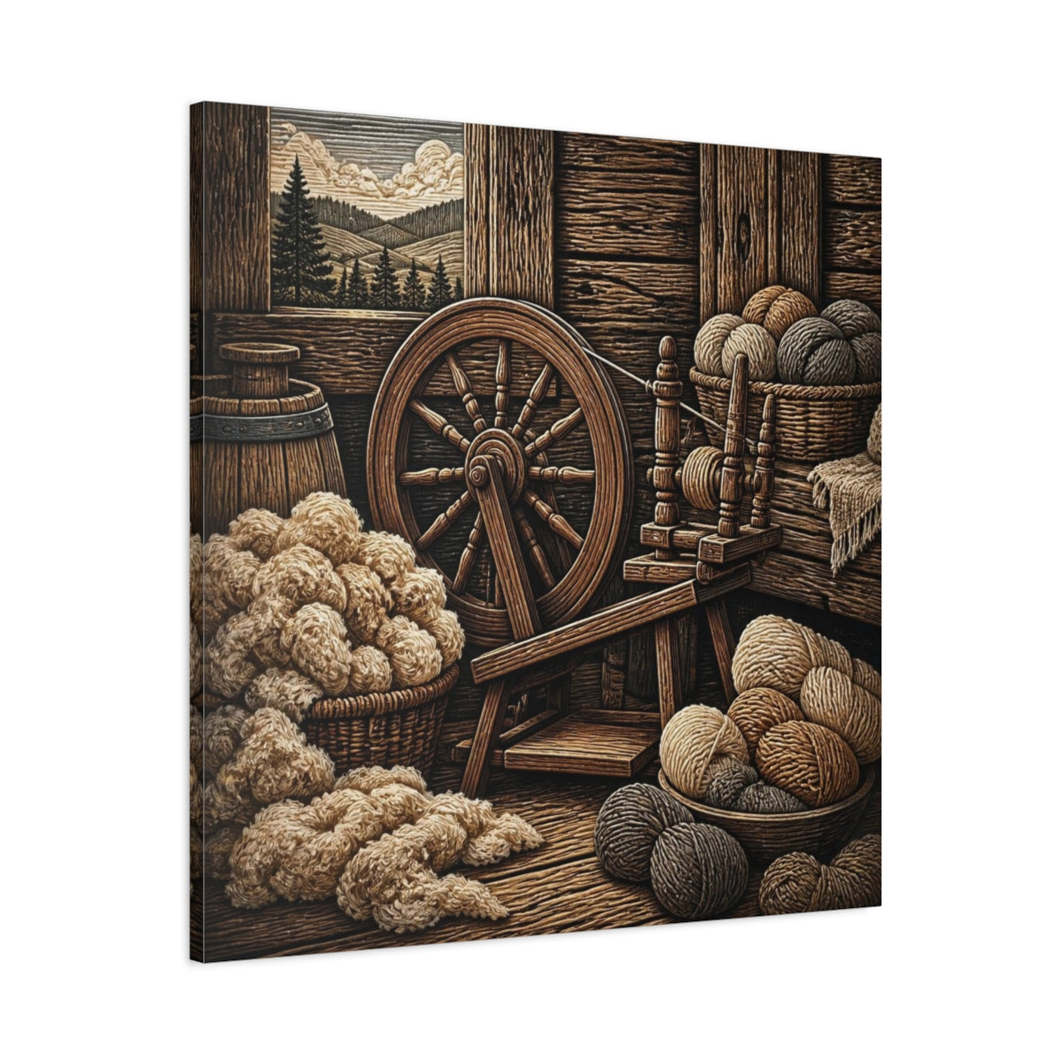 Main Mockup. Rustic Spinning Wheel Still Life shown as canvas print