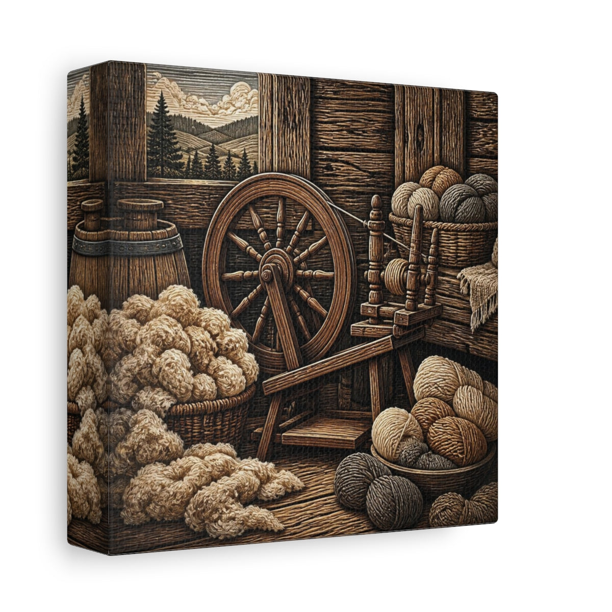 Side Mockup 2. Rustic Spinning Wheel Still Life shown as canvas print
