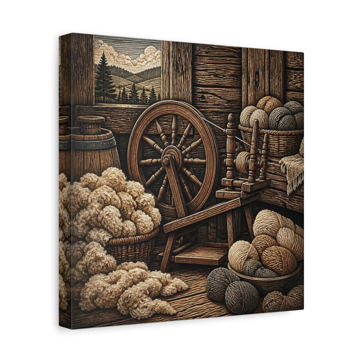 Side Mockup 8. Rustic Spinning Wheel Still Life shown as canvas print