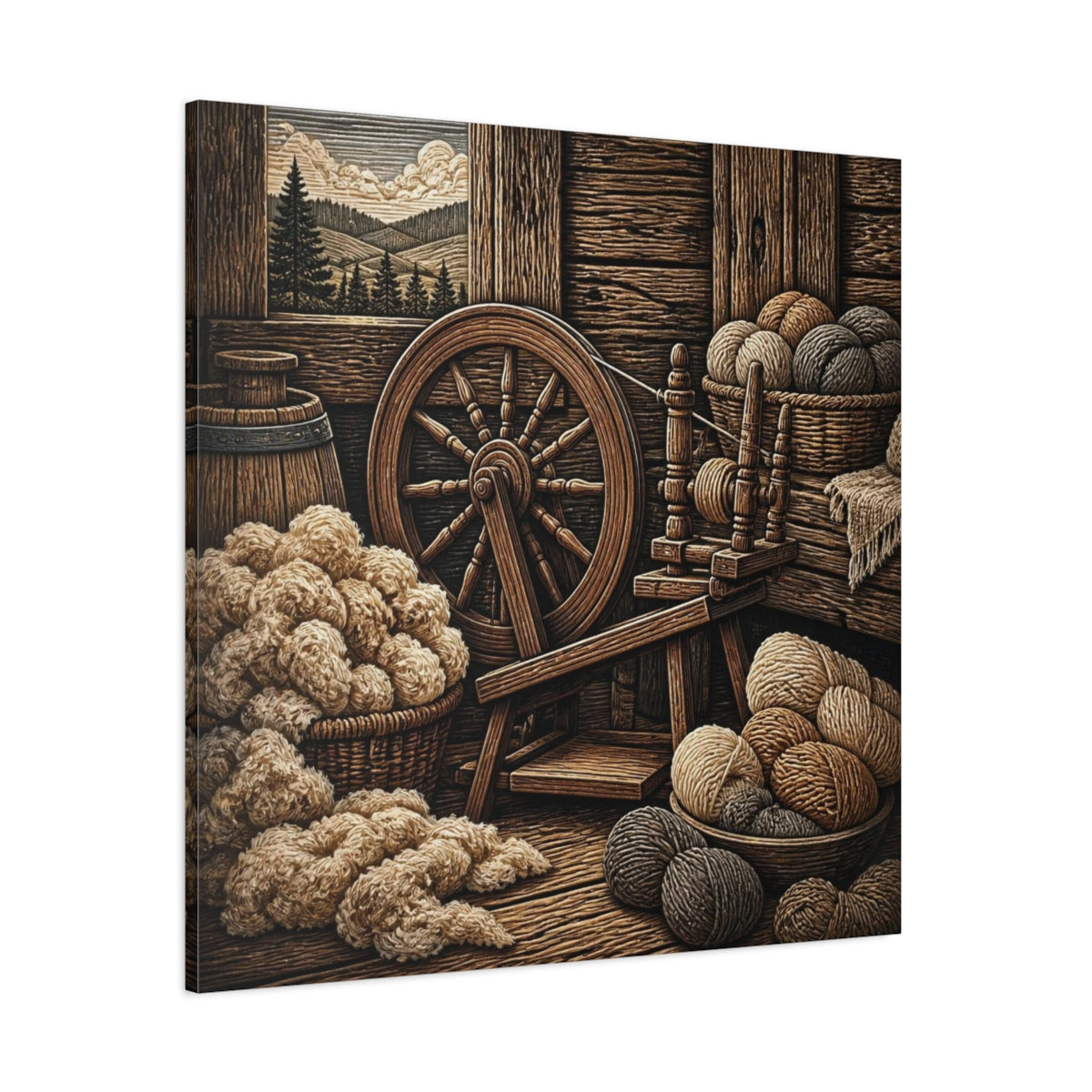 Side Mockup 1. Rustic Spinning Wheel Still Life shown as canvas print