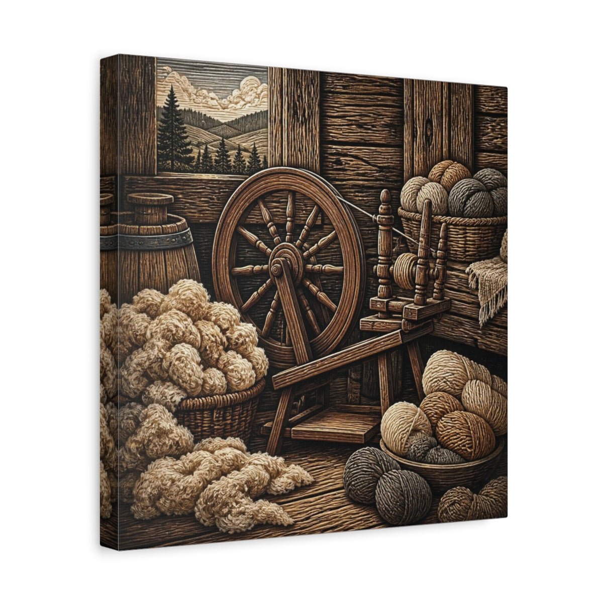 Side Mockup 7. Rustic Spinning Wheel Still Life shown as canvas print