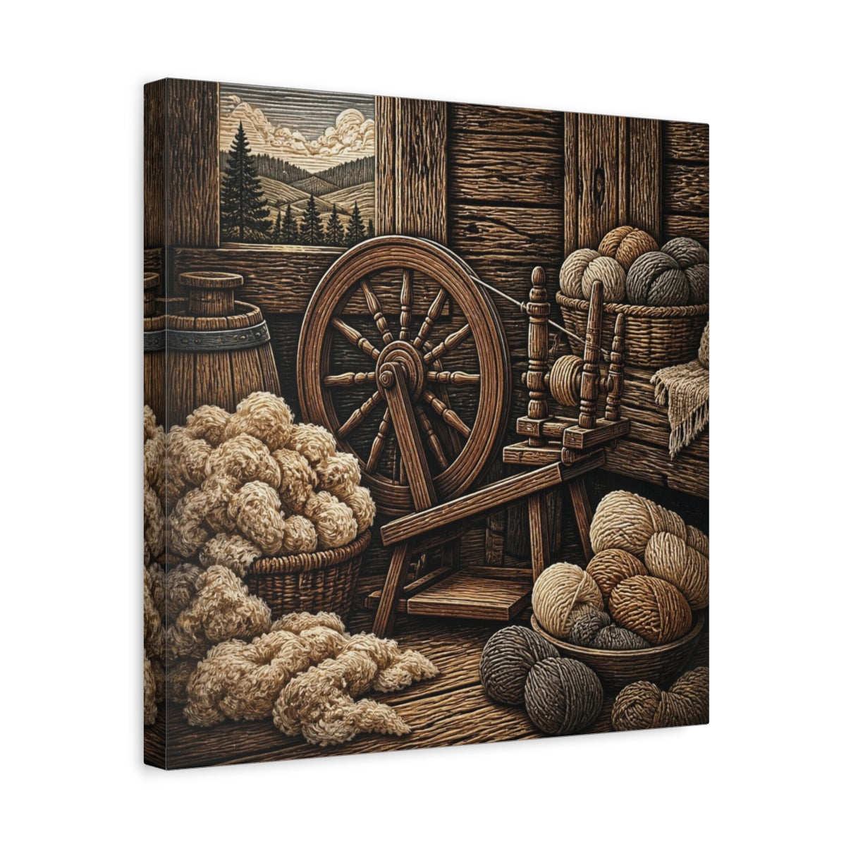 Side Mockup 6. Rustic Spinning Wheel Still Life shown as canvas print