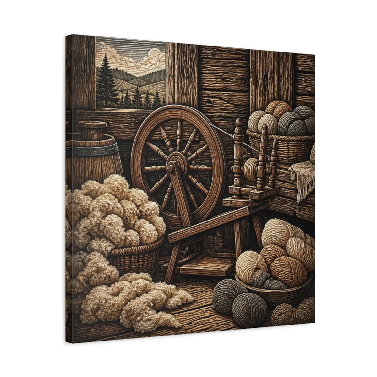Side Mockup 4. Rustic Spinning Wheel Still Life shown as canvas print