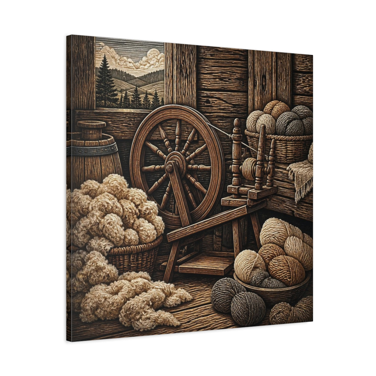 Side Mockup 3. Rustic Spinning Wheel Still Life shown as canvas print