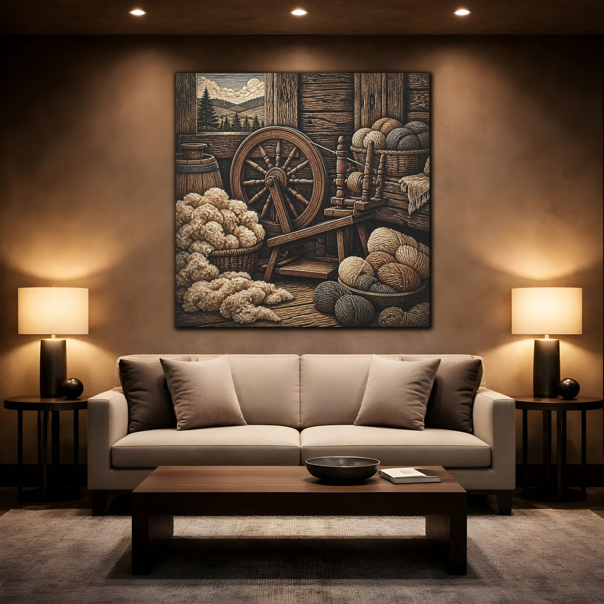 Mockup 2. Rustic Spinning Wheel Still Life shown as canvas print