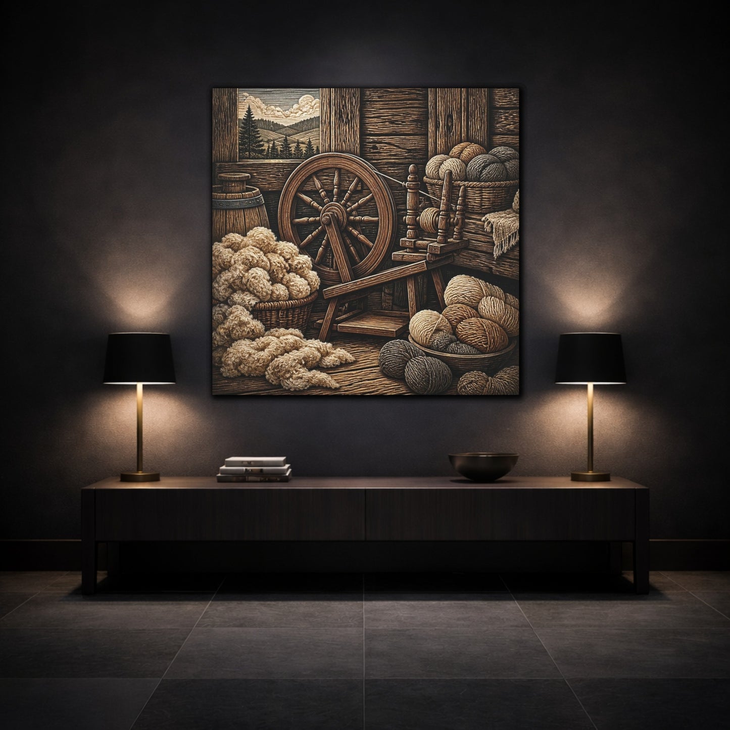 Mockup 3. Rustic Spinning Wheel Still Life shown as canvas print