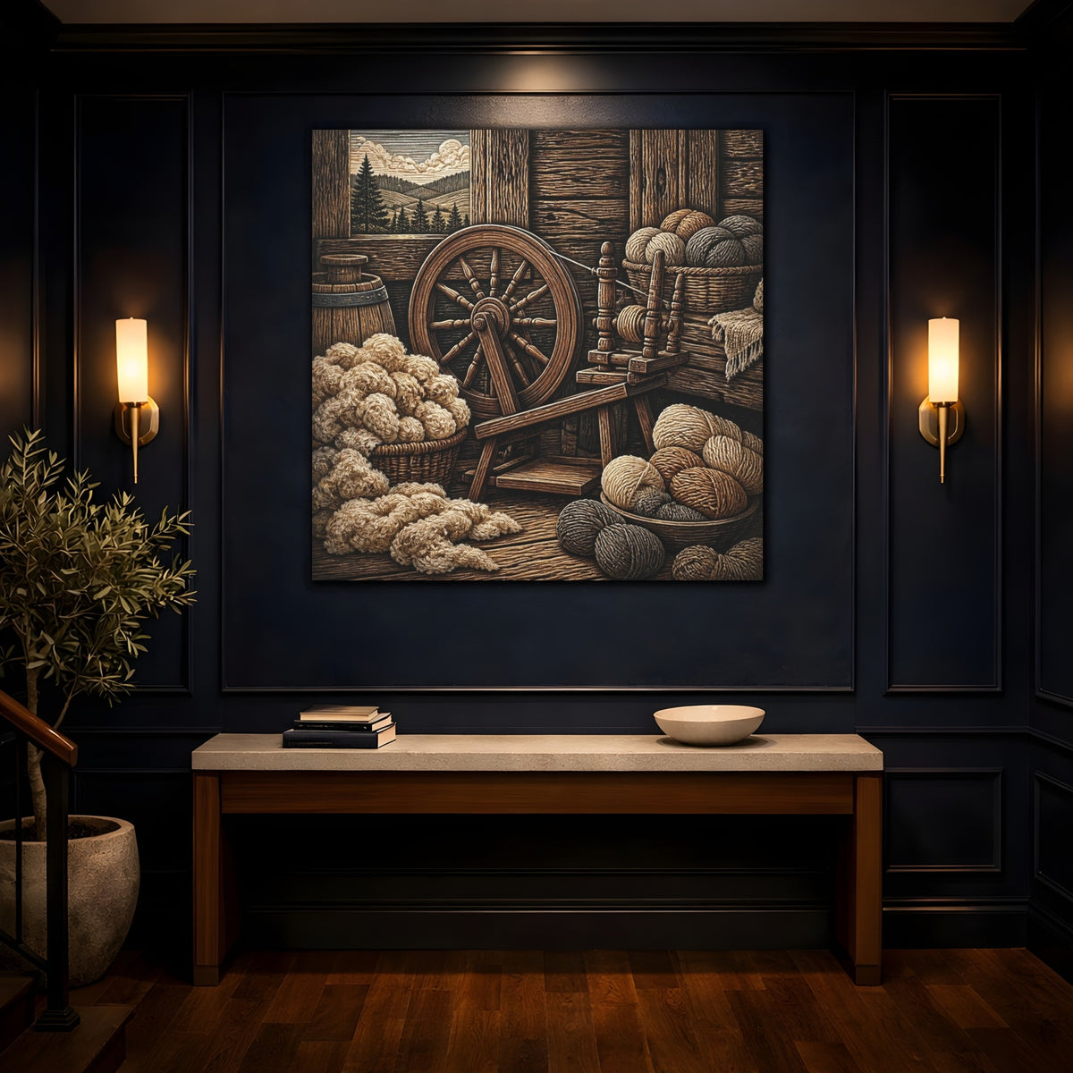 Mockup 4. Rustic Spinning Wheel Still Life shown as canvas print