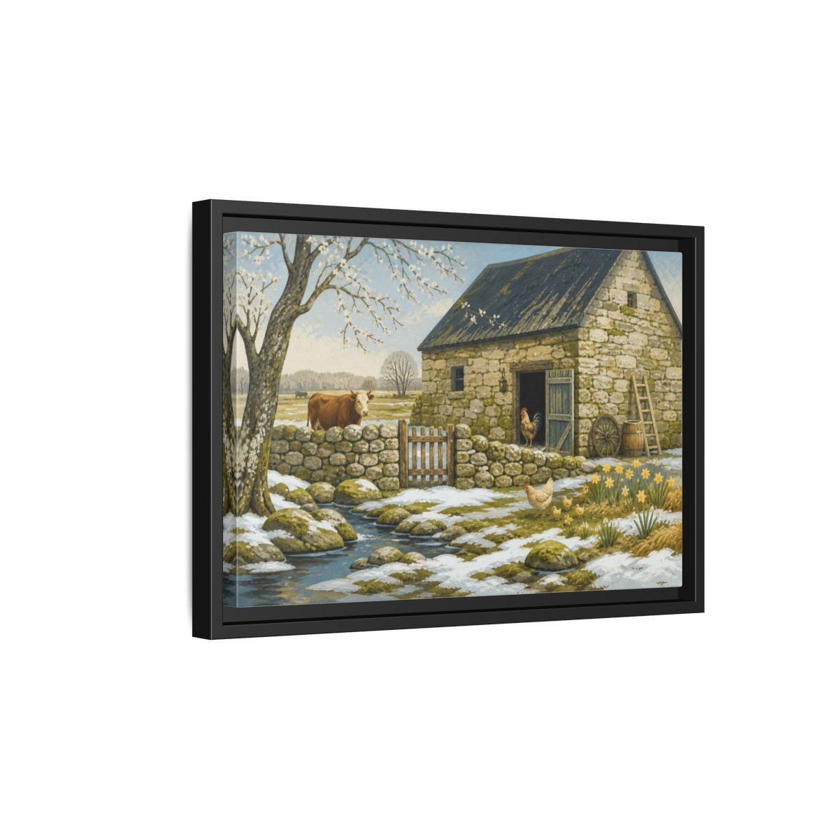 Side Mockup 6. Rustic Stone Barn Scene shown as framed canvas print