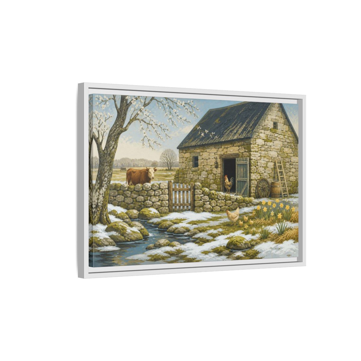 Side Mockup 1. Rustic Stone Barn Scene shown as framed canvas print
