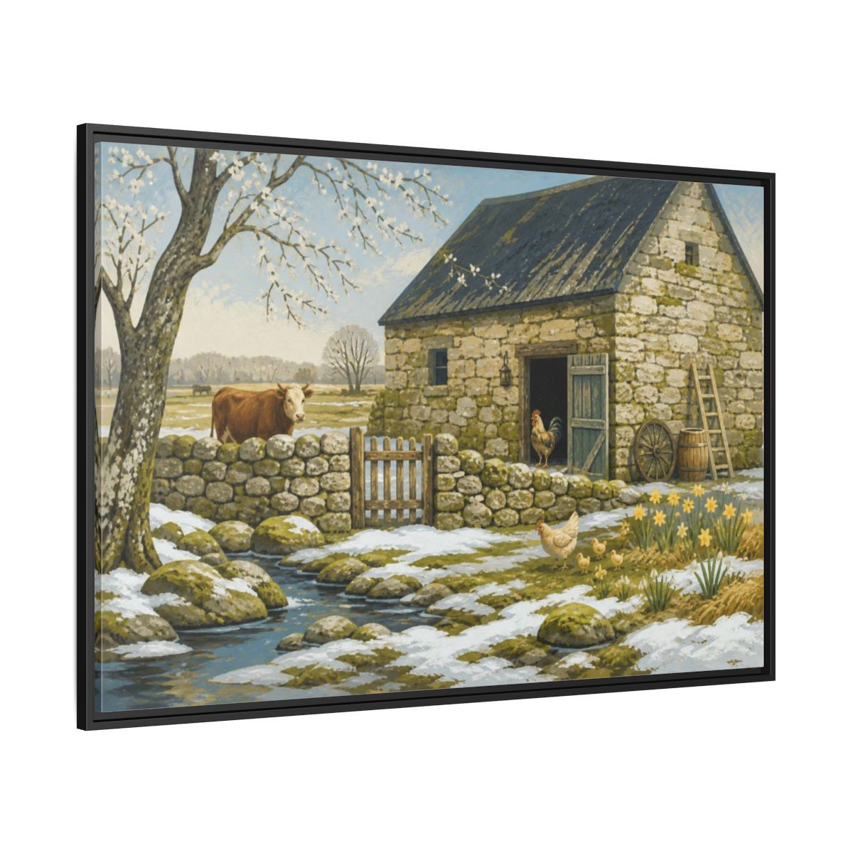 Side Mockup 12. Rustic Stone Barn Scene shown as framed canvas print
