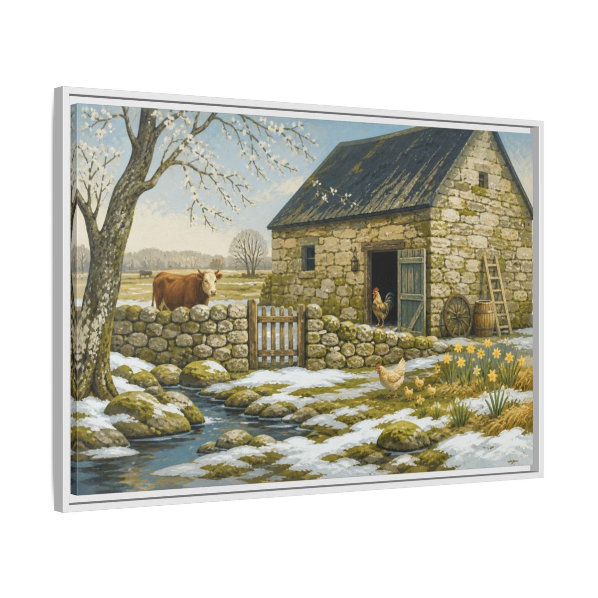 Side Mockup 9. Rustic Stone Barn Scene shown as framed canvas print