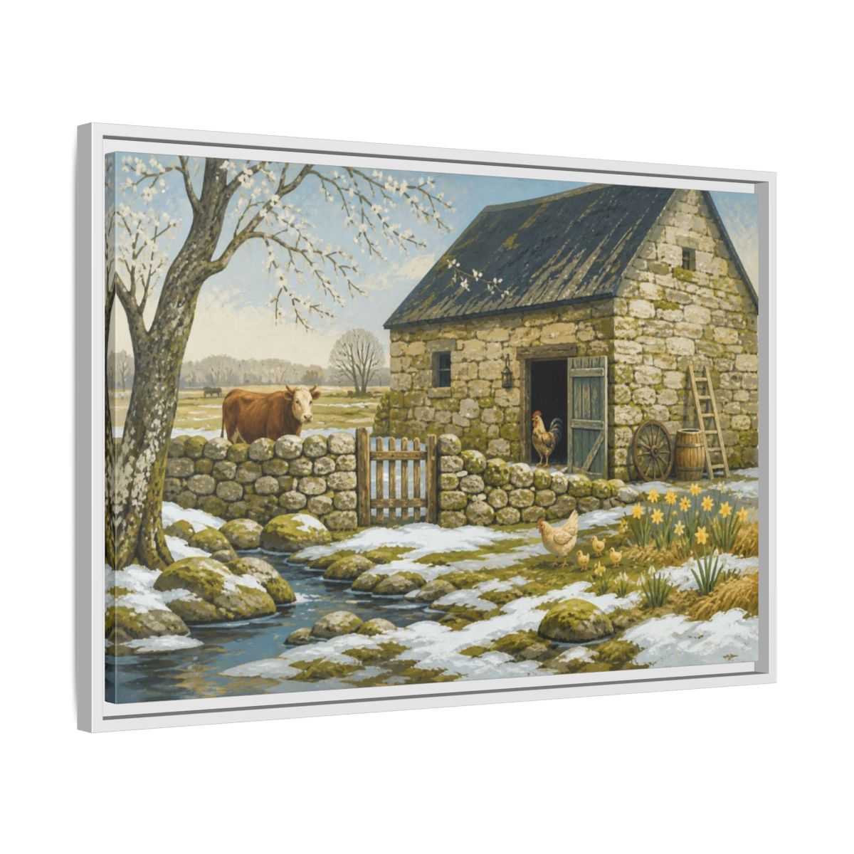 Side Mockup 10. Rustic Stone Barn Scene shown as framed canvas print